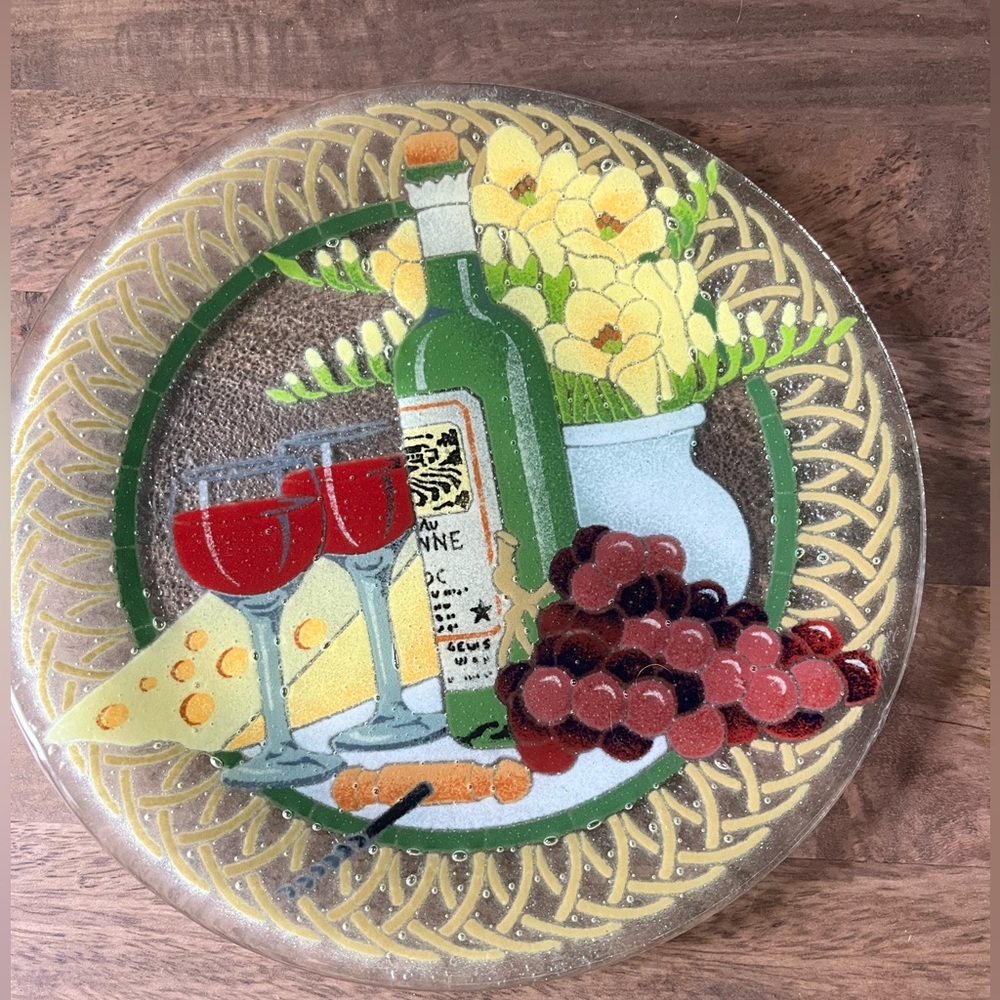 Peggy Karr Fused Art Glass Wine Cheese and Grapes Plate, Signed